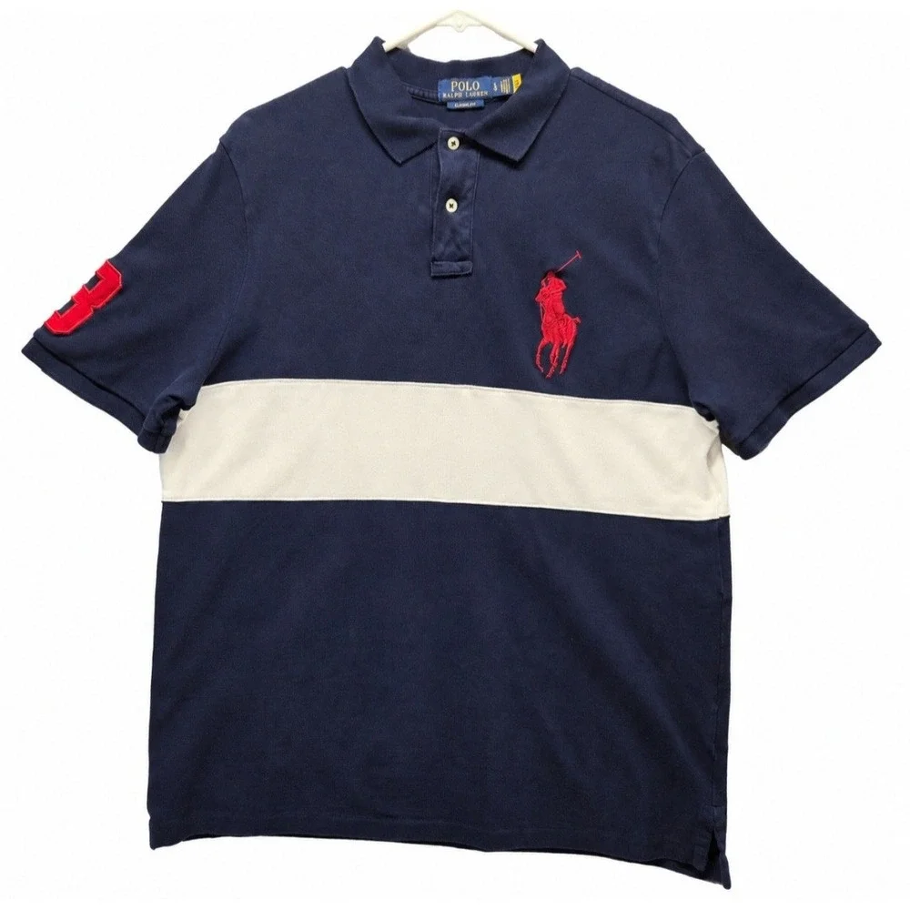 Polo Ralph Lauren Big Pony #3 Polo Shirt Large Navy Blue White Colorblock Preppy